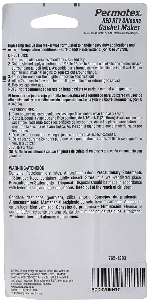 Back of Permatex Red RTV Silicone Gasket Maker packaging, instructions and warnings visible. High-Temp Red RTV Silicone Gasket Maker, 3 Oz, Go-To Heavy-Duty Sealant For Replacing Cut Gaskets Or Forming In-Place Gaskets, Resists Cracking, Shrinking, And Migration, Temperature Range From -65F To 650F Intermittent.
