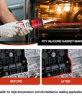 Person applying Red High Temperature RTV Silicone Gasket Maker Sealant For Engines Exhaust Manifolds Oil Pans Gearboxes in an engine