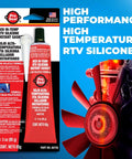 High Temp Red RTV Silicone Sealant 3 Oz Tube Sensor Safe Gasket And Hose Sealant For Auto, Appliances And DIY Projects, -70 To 650 Degrees F, Full Cure In 24 Hours packaging next to fan blade