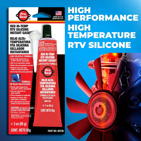 High Temp Red RTV Silicone Sealant 3 Oz Tube Sensor Safe Gasket And Hose Sealant For Auto, Appliances And DIY Projects, -70 To 650 Degrees F, Full Cure In 24 Hours packaging next to fan blade