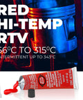 High Temp Red RTV Silicone Sealant 3 Oz Tube Sensor Safe Gasket And Hose Sealant For Auto, Appliances And DIY Projects, -70 To 650 Degrees F, Full Cure In 24 Hours displayed with cap and red sealant flowing out