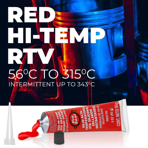 High Temp Red RTV Silicone Sealant 3 Oz Tube Sensor Safe Gasket And Hose Sealant For Auto, Appliances And DIY Projects, -70 To 650 Degrees F, Full Cure In 24 Hours displayed with cap and red sealant flowing out