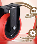 Close-up of a 5 Inch Heavy Duty Caster Wheel, red premium rubber, industrial steel housing, 650 LBS capacity, design details visible.