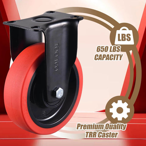 Close-up of a 5 Inch Heavy Duty Caster Wheel, red premium rubber, industrial steel housing, 650 LBS capacity, design details visible.