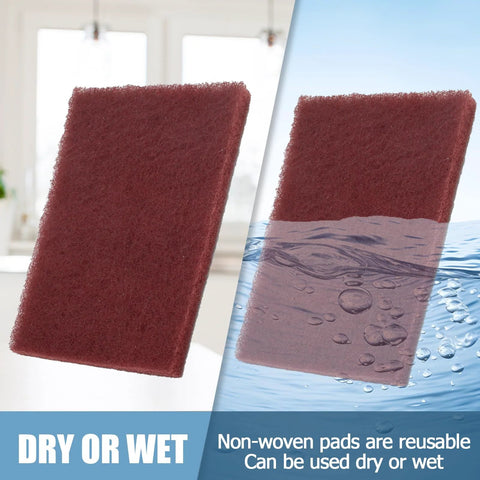 Six Pack Red Scuff Pads Very Fine Grade for Paint Prep showing wet and dry use options