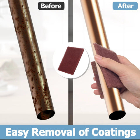 Before and after of metal pipe cleaned with Six Pack Red Scuff Pads Very Fine Grade for Paint Prep and Finishing