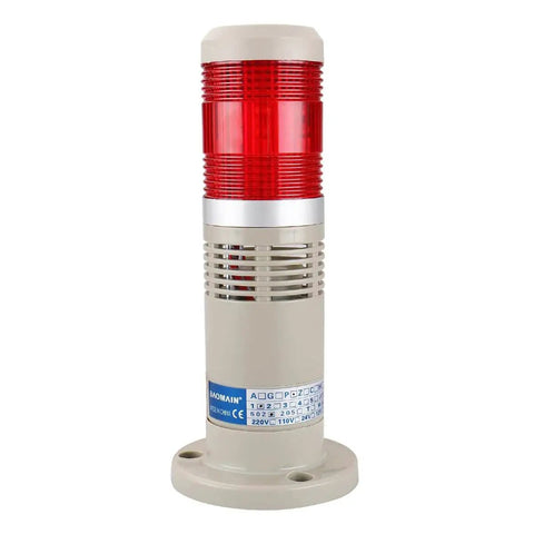 110V AC Alarm Warning Light With Built In Buzzer And Red LED Signal Tower Lamp For Industrial Use, Flashing Light, 80 X 190mm, Model LTP-502WJ Baomain, front view