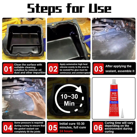 Steps for using 340G RTV Silicone Gasket Maker Red Sealant For High Temperature Gaskets, includes cleaning, application, and curing process.
