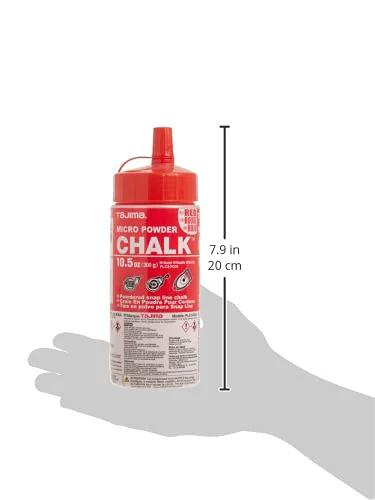 Red Ultra Fine Snap Line Chalk 10.5 Ounce Bottle For Precise Marking On Floors Walls Tile And Other Surfaces Durable Bottle With Easy Fill Nozzle Ideal For Construction Carpentry Tiling PLC2 R300, shown with red cap and nozzle, held upright in a hand.