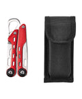 10-In-1 Stainless Steel Multitool with Safety Lock and Red Nylon Sheath including pliers and carabiner, shown with black sheath bag