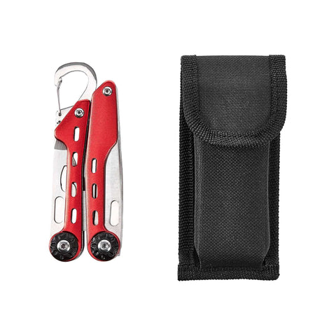 10-In-1 Stainless Steel Multitool with Safety Lock and Red Nylon Sheath including pliers and carabiner, shown with black sheath bag