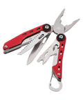 10-In-1 Stainless Steel Multitool with Safety Lock and red nylon sheath, featuring pliers, knife, saw, and carabiner, unfolded view