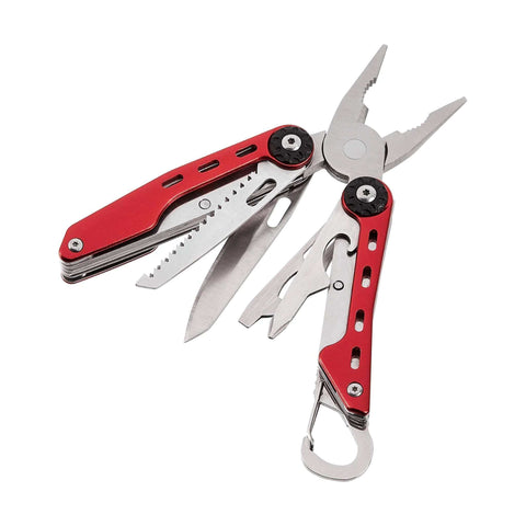 10-In-1 Stainless Steel Multitool with Safety Lock and red nylon sheath, featuring pliers, knife, saw, and carabiner, unfolded view