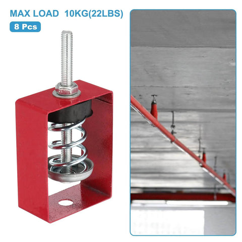 Ceiling Spring Vibration Isolator Hangers 8 Pack For Mechanical Damping Mounts Anti Vibration For AC Air Processors Bedroom Theater Studio Red Steel And Rubber Construction With M8 Thread Load Capacity Up To 44 Lbs Each, showing close-up and installed view.