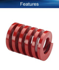 Side view of two red die springs for 3D printers, 20mm outer diameter, 10mm inner diameter, 25mm long, steel spiral compression springs