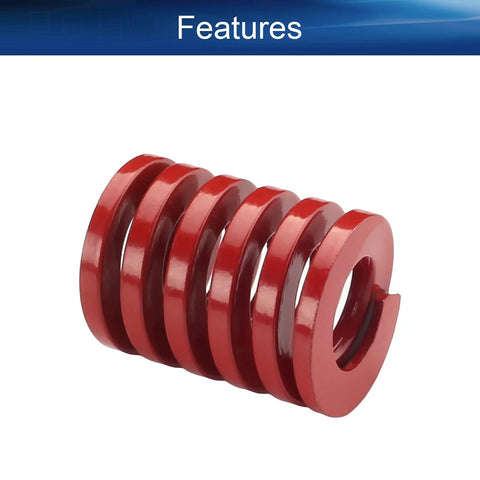 Side view of two red die springs for 3D printers, 20mm outer diameter, 10mm inner diameter, 25mm long, steel spiral compression springs