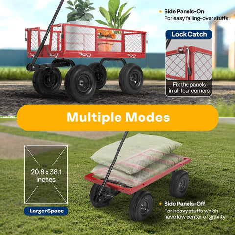 Heavy Duty Mesh Steel Garden Cart Folding Utility Wagon with 880 Lb Capacity, Removable Sides Flatbed Design, 10 Inch Pneumatic Wheels, Red