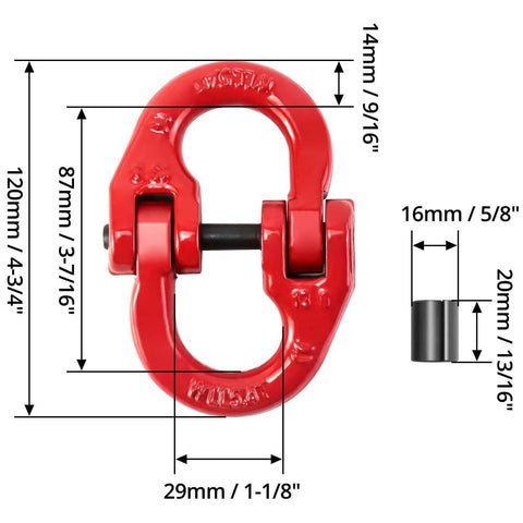 G80 Alloy Steel Hammerlock Coupling Link One Half Inch Red Painted, 12,000 Lbs Working Load Limit, 2 Pack, with dimensions