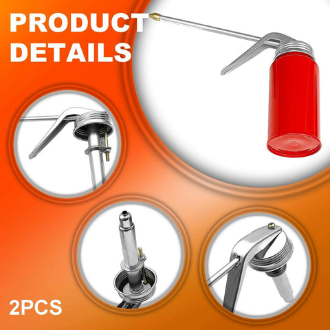 Details of Two Pack 200 Ml Steel Manual Oil Dispenser Cans With Durable Metal Spout for vehicles, showing the red body and spout design.