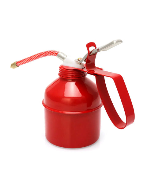 Red Powder Coated Steel Pistol Style Oil Can 12 Ounce 400 Ml With Flexible Tube Manual Pump Oiler 2 Pack For Tight Space Lubrication Dome Shaped Bottle Durable Classic Oiler By QWORK