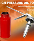 Two Pack 200 Ml Steel Manual Oil Dispenser Cans With Durable Metal Spout shown with open red can and metal nozzle