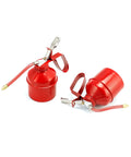 Two red powder coated steel pistol style oil cans with flexible tube manual pump. 12 ounce, 400 ml, dome shaped bottle, QWORK.