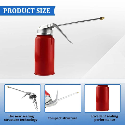 Red Car Oil Can Pump Oiler 200 Ml High Pressure Cold Rolled Steel Spray Gun With Spout for vehicles shown with product dimensions.