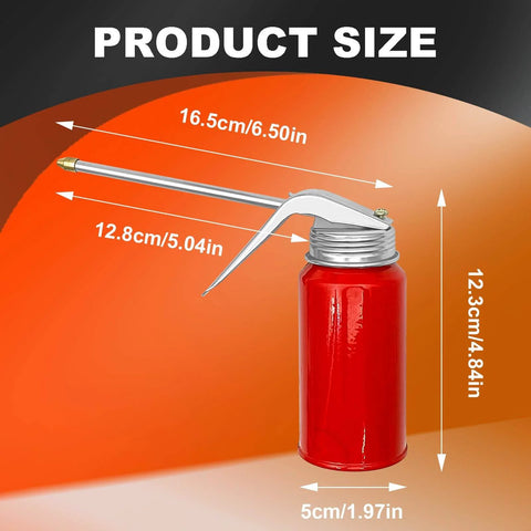 Two Pack 200 Ml Steel Manual Oil Dispenser Cans With Durable Metal Spout, Red, size dimensions visible