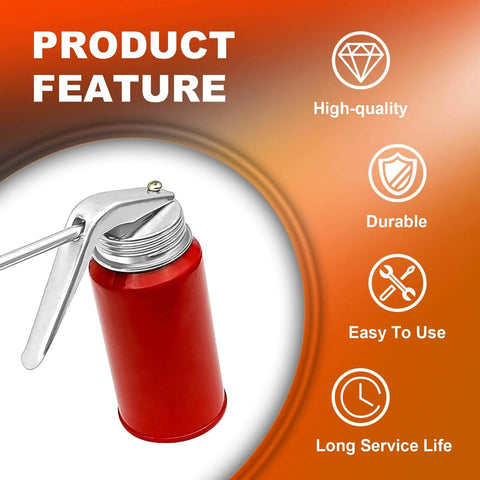 Two Pack 200 Ml Steel Manual Oil Dispenser Can with durable metal spout, red cast-iron body, and leak-proof design for vehicles.