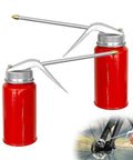 Two Pack 200 Ml Steel Manual Oil Dispenser Cans With Durable Metal Spout shown in red, used for car maintenance and lubrication.