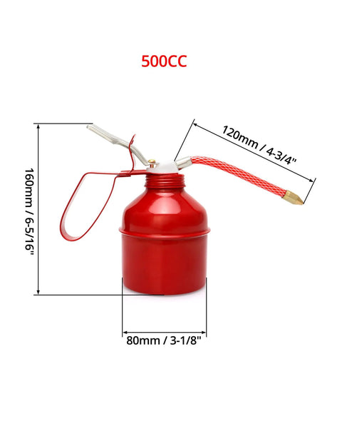 Red Powder Coated Steel Pistol Style Oil Can 12 Ounce 400 Ml With Flexible Tube Manual Pump Oiler 2 Pack