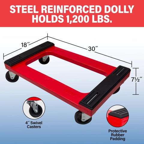 Plastic 4-Wheel Furniture Dolly with Steel-Reinforced Frame and 4-Inch 4-Way Swivel Casters, 1200 Lbs Capacity, 18-Inch x 30-Inch, Red