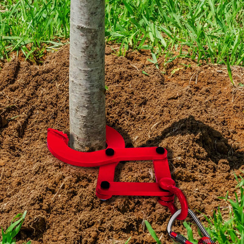 Beefy Heavy Duty Pallet Puller Clamp 1 Ton Steel Single Scissor Hook installed around tree trunk on soil