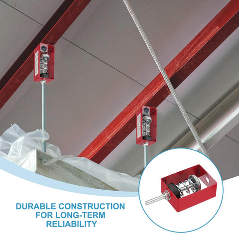 Ceiling Spring Vibration Isolator Hangers 8 Pack for Mechanical Damping, red steel and rubber, installed view