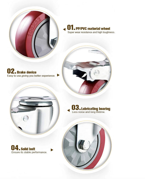 4 Inch Heavy Duty Caster Wheels With Brakes And Screws Set Of Four Silent Rubberized Castors Up To 1320 Lbs Capacity features