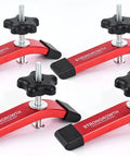 4-pack Heavy Duty T Track Hold Down Clamps for Woodworking, red anodized finish, non-slip rubber pads, with T-bolts and washers.