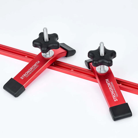 Double Cut Universal T Track Hold Down Clamps 2 Pack For T Slot Workholding Red Anodized With Rubber Pads, front view