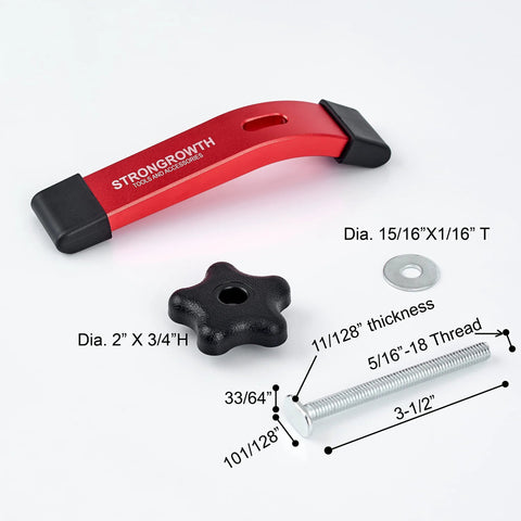 Heavy Duty T Track Hold Down Clamps For Woodworking 6 3/8 Inch Long 1 1/4 Inch Wide Universal Double Cut Profile Fine Sandblast Anodized Red Finish 4 Pack With T Bolts And Washers Non Slip Rubber Pads Protect Workpieces And Prevent Slippage