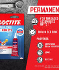 Product packaging of Permanent Thread Lock And Seal For Nuts Bolts And Fasteners High Strength Red 271 with Loctite branding.