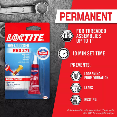 Product packaging of Permanent Thread Lock And Seal For Nuts Bolts And Fasteners High Strength Red 271 with Loctite branding.