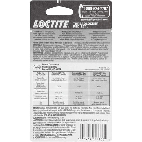 Back view of Loctite Threadlocker Red 271 packaging showing instructions for permanent locking of threaded fasteners up to 25mm.