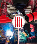 Collage showing Red 40 Inch TIG Welding Rod Storage Canisters Two Pack With Airproof Waterproof ABS Construction with welding scenes.