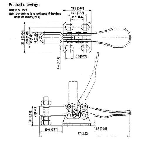 Technical drawing of Small Quick Release Horizontal Toggle Clamp 60 Lbs 27 Kg 8 Pack GH 201 with detailed measurements.