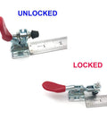 Small Quick Release Horizontal Toggle Clamp 60 Lbs 27 Kg 8 Pack GH 201 Red Non Slip Clamp Tool Kit showing locked and unlocked positions