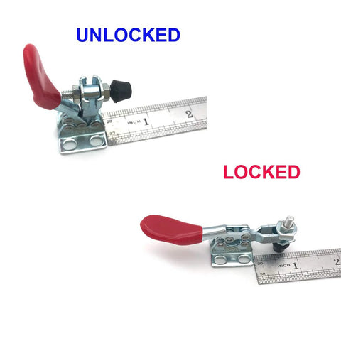 Small Quick Release Horizontal Toggle Clamp 60 Lbs 27 Kg 8 Pack GH 201 Red Non Slip Clamp Tool Kit showing locked and unlocked positions