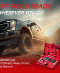 Heavy Duty Tire Plug Kit With 68 Piece All In One Universal Tire Repair Set displayed next to an off-road vehicle on a rocky terrain