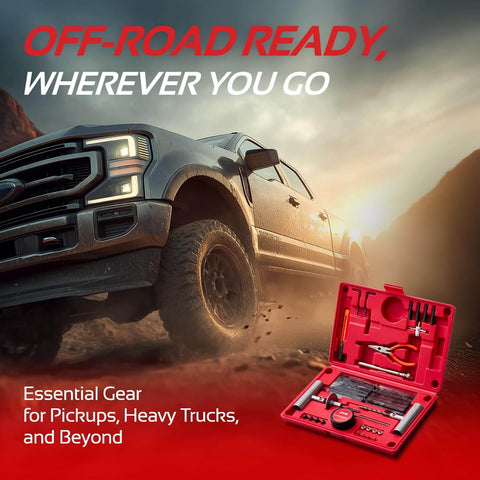 Heavy Duty Tire Plug Kit With 68 Piece All In One Universal Tire Repair Set displayed next to an off-road vehicle on a rocky terrain