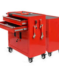 Red tool cabinet with drawers open, equipped with 2 Inch Heavy Duty Swivel Caster Wheels Set of 4, Safety Dual Locking Casters.