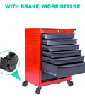 Red tool cabinet with six drawers on 2 Inch Swivel Caster Set With 3/8-16UNC Threaded Stem For Hardwood Tile And Carpet Floors, Includes 2 Brake Lock Casters And 3 Non Lock Casters, Heavy Duty Swivel Casters With Lock Nuts