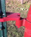 Close-up of Patented T Post Hinge Pins for Easy Gate Hanging from Metal T Posts, showcasing durable hinge connection in use.